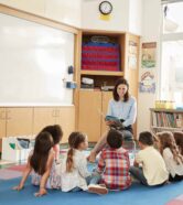 School kids sitting on the floor gathered around teacher kindergarten activities of children with teacher for child's development